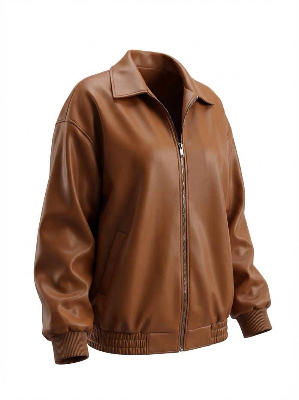 Womens Oversized Faux Leather Bomber Jacket ZipUp Light Brown Vintage Y2K Large